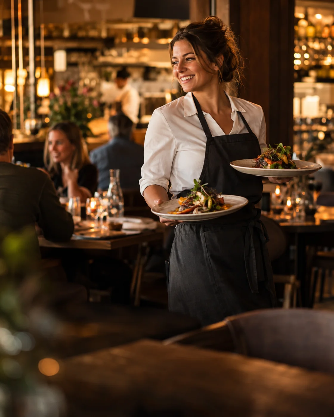 Restaurantmedewerker brengt met aandacht het diner naar haar gasten